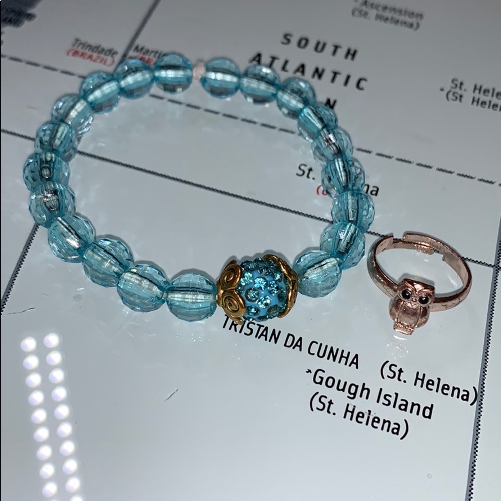 Beautiful Blue And Golden Bracelet With Owl Ring